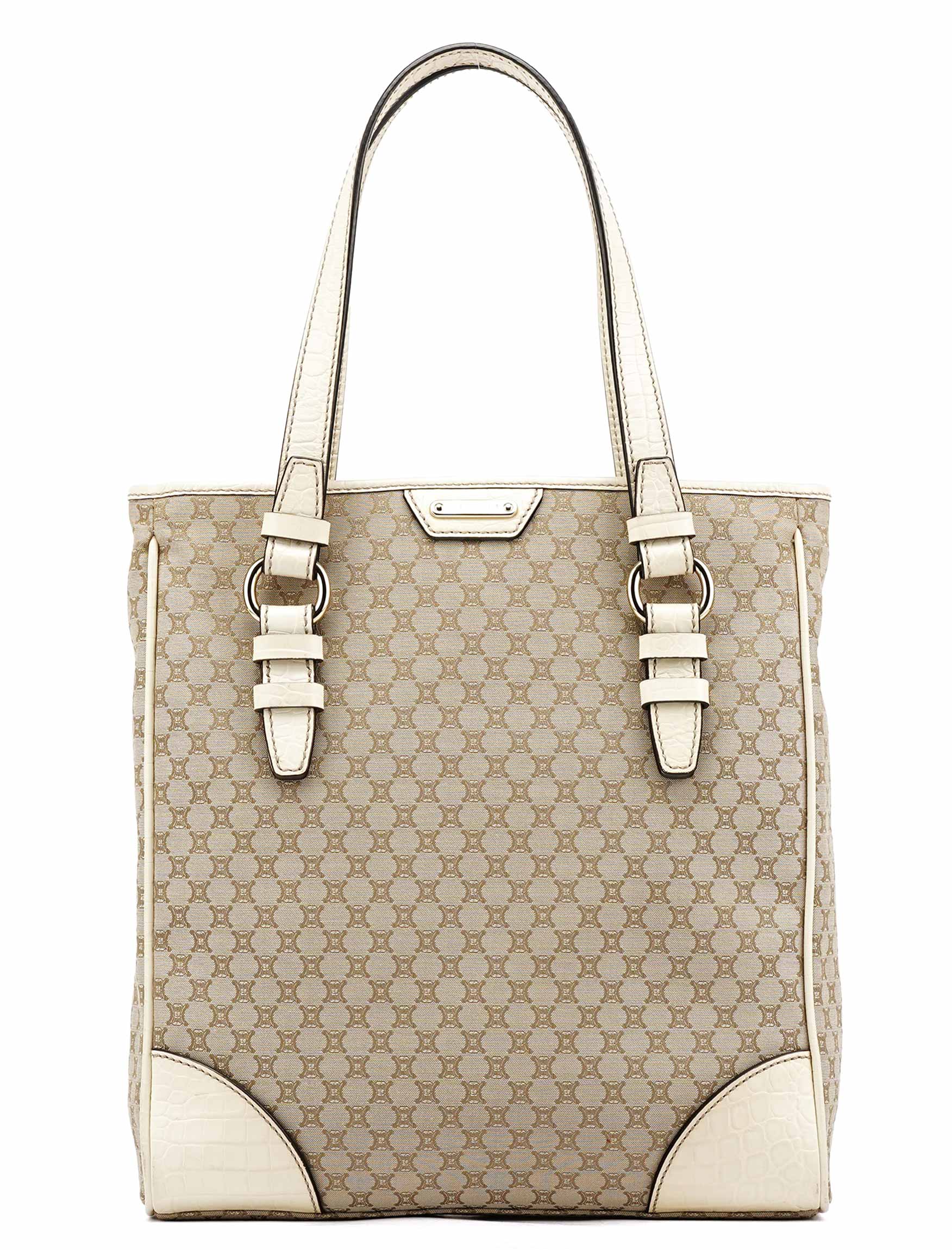 Beige White Monogram Tote Bag