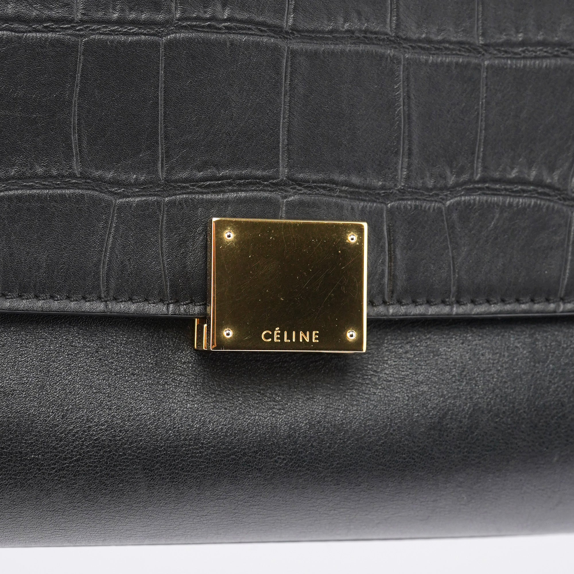Black Embossed Calfskin Trapeze 2-Way Bag