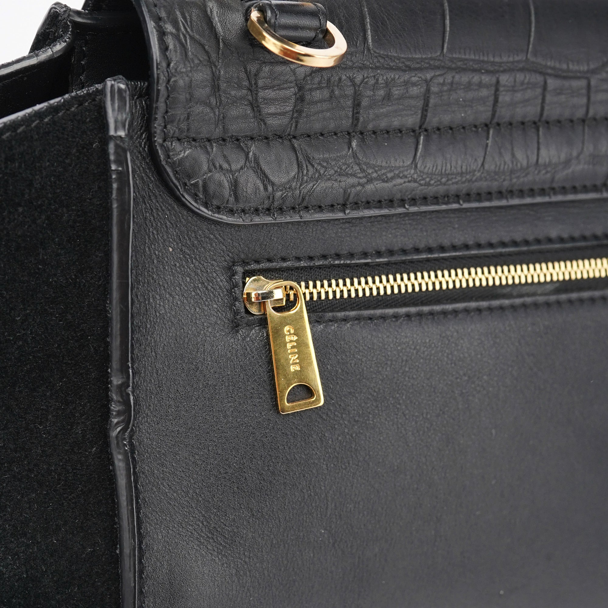 Black Embossed Calfskin Trapeze 2-Way Bag