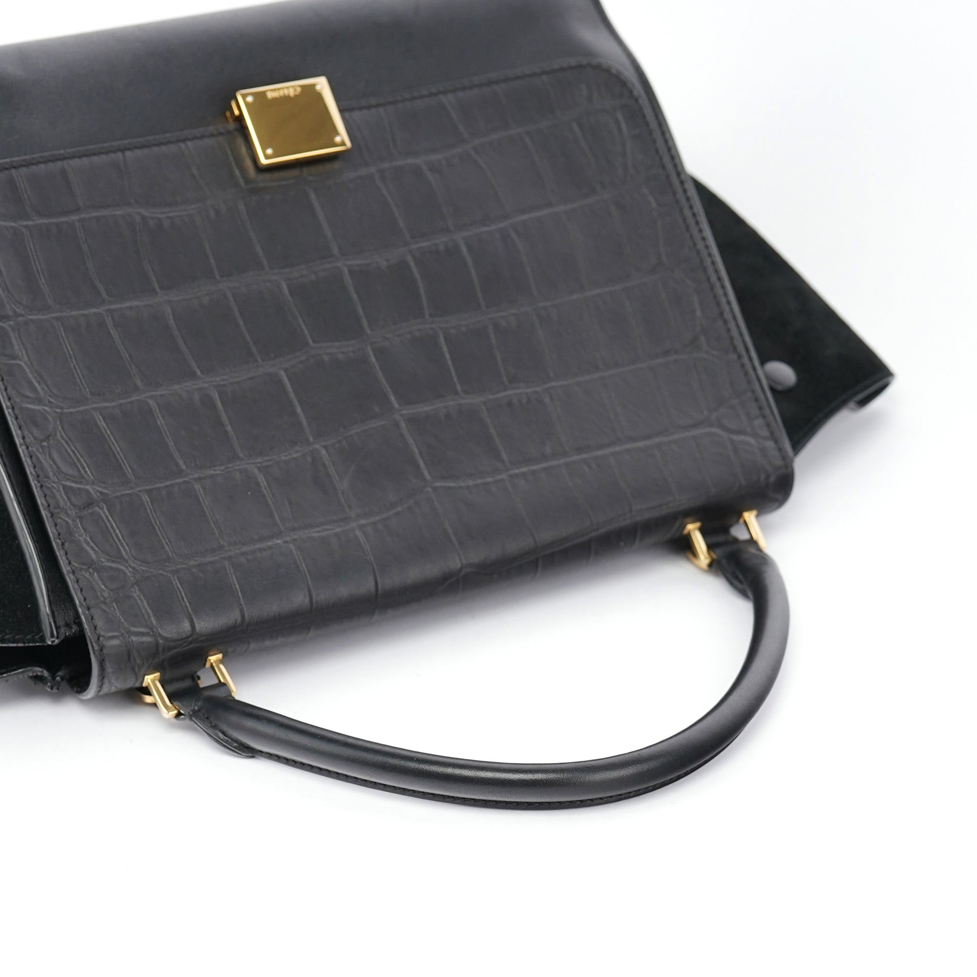 Black Embossed Calfskin Trapeze 2-Way Bag