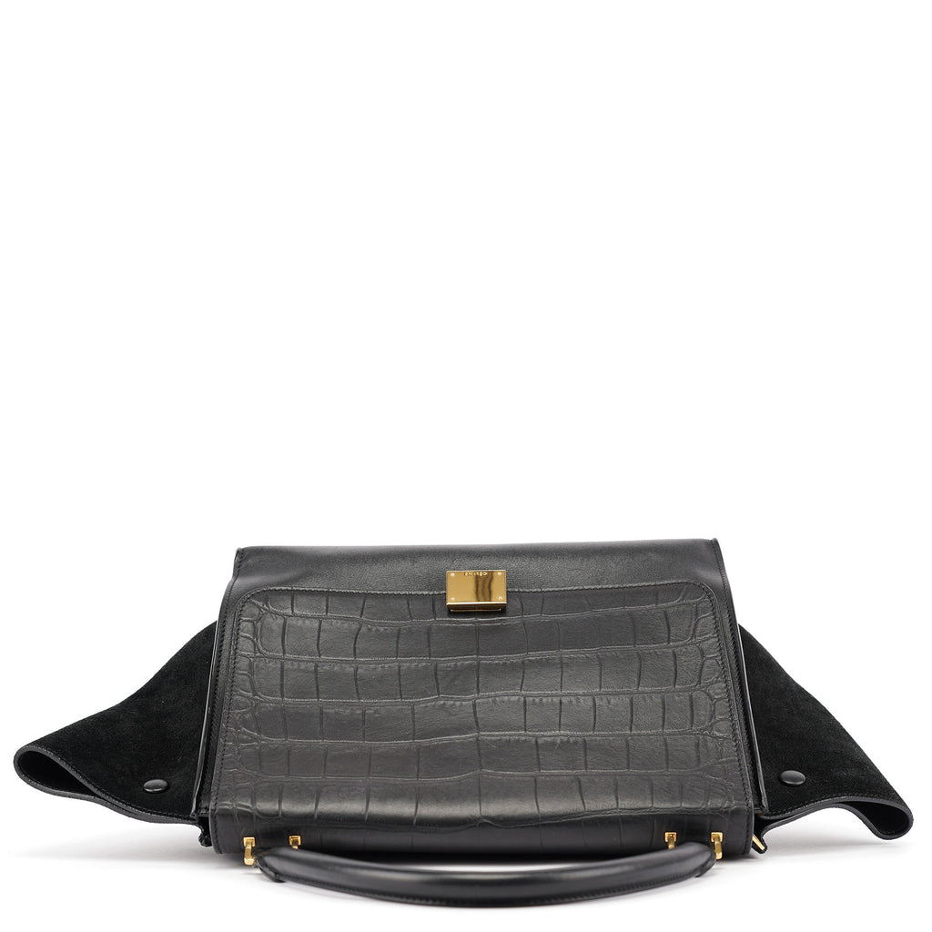 Black Embossed Calfskin Trapeze 2-Way Bag