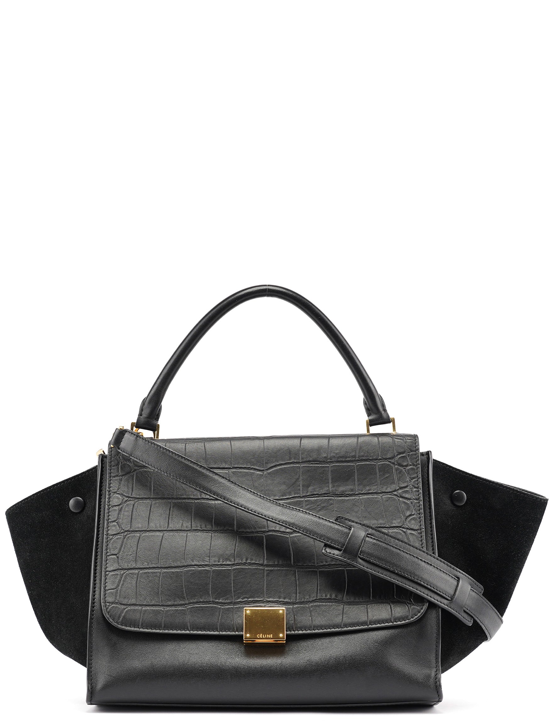 Black Embossed Calfskin Trapeze 2-Way Bag