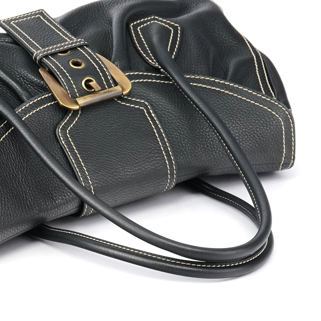 Black Pebbled Leather Belt Tote Bag