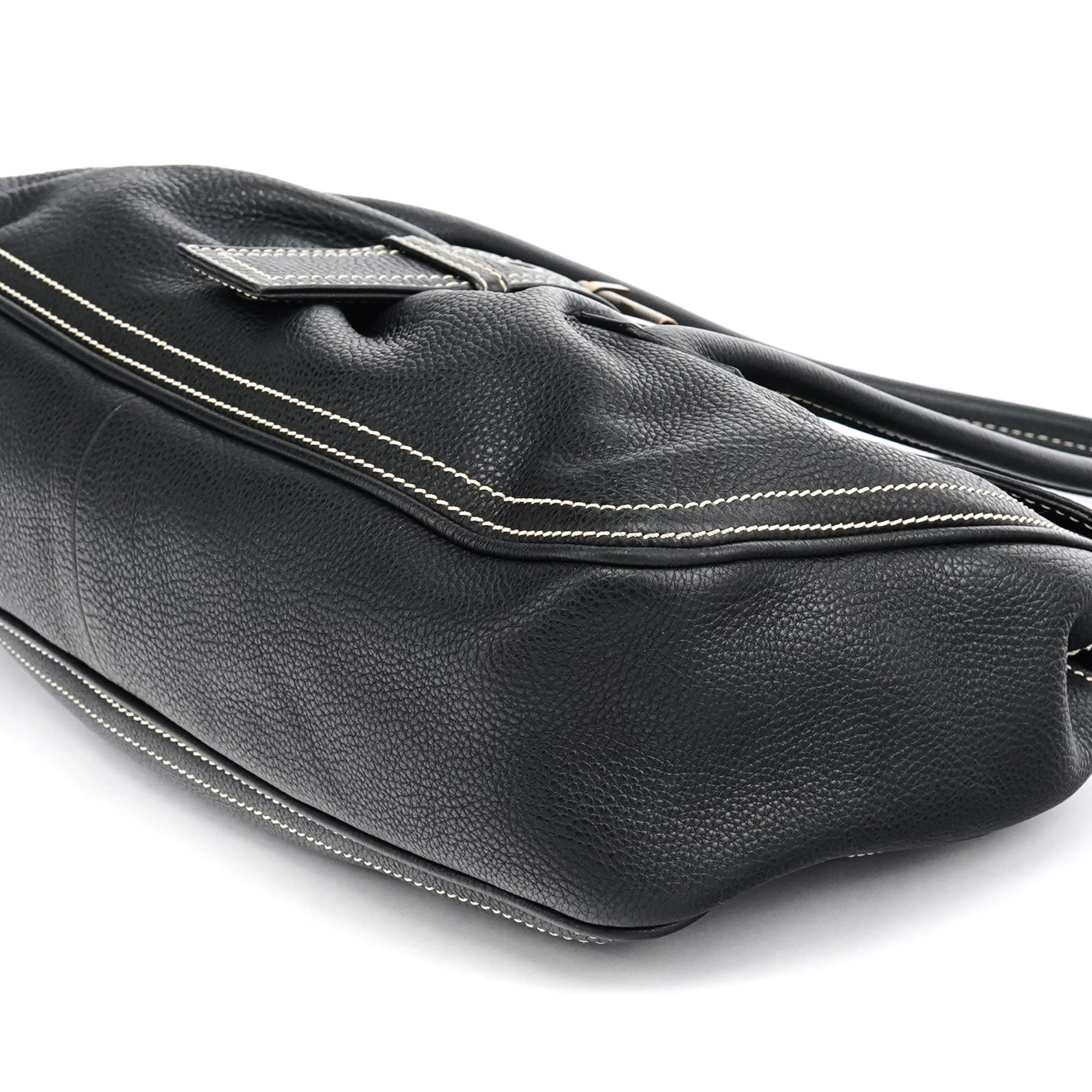 Black Pebbled Leather Belt Tote Bag