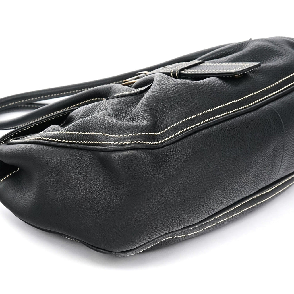 Black Pebbled Leather Belt Tote Bag