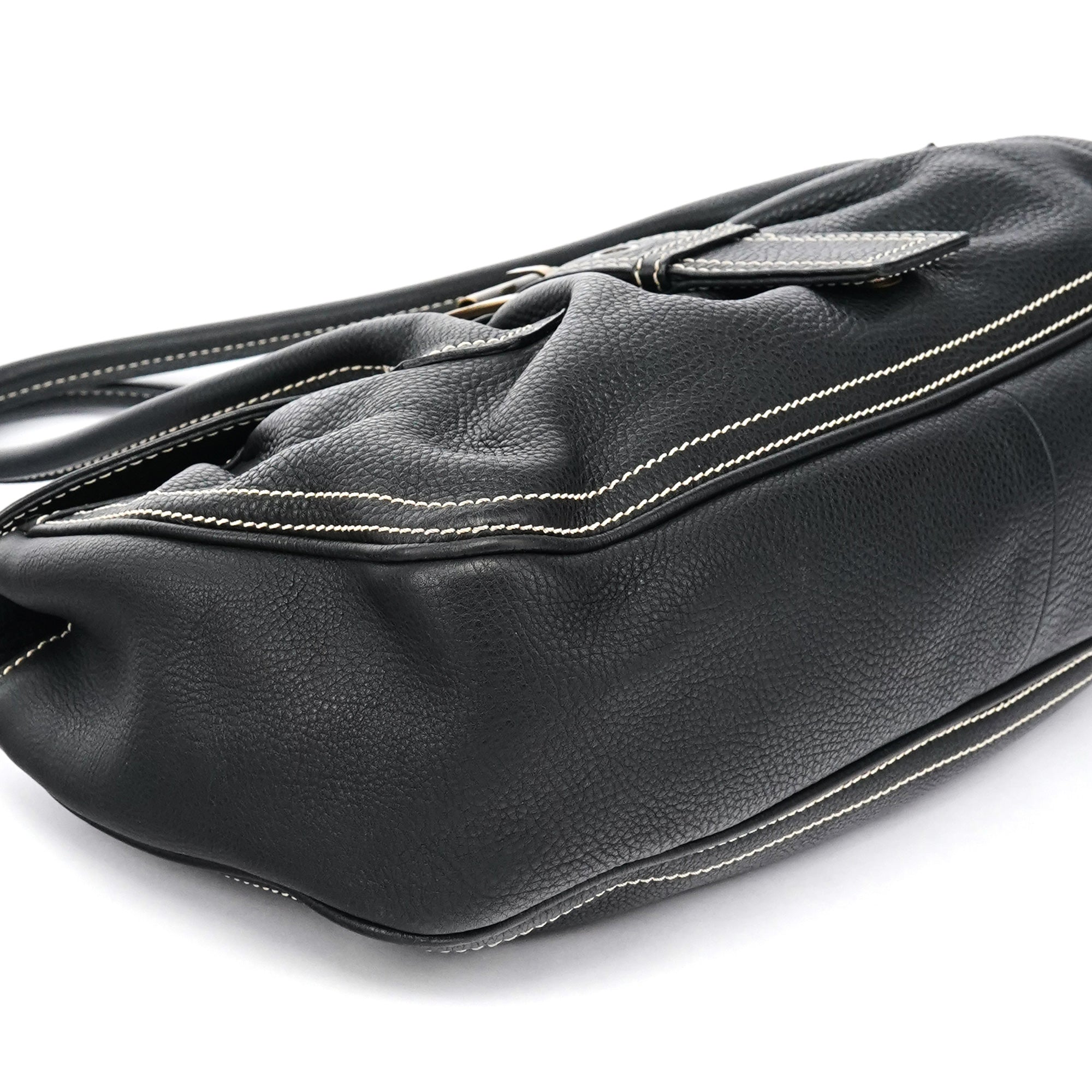 Black Pebbled Leather Belt Tote Bag