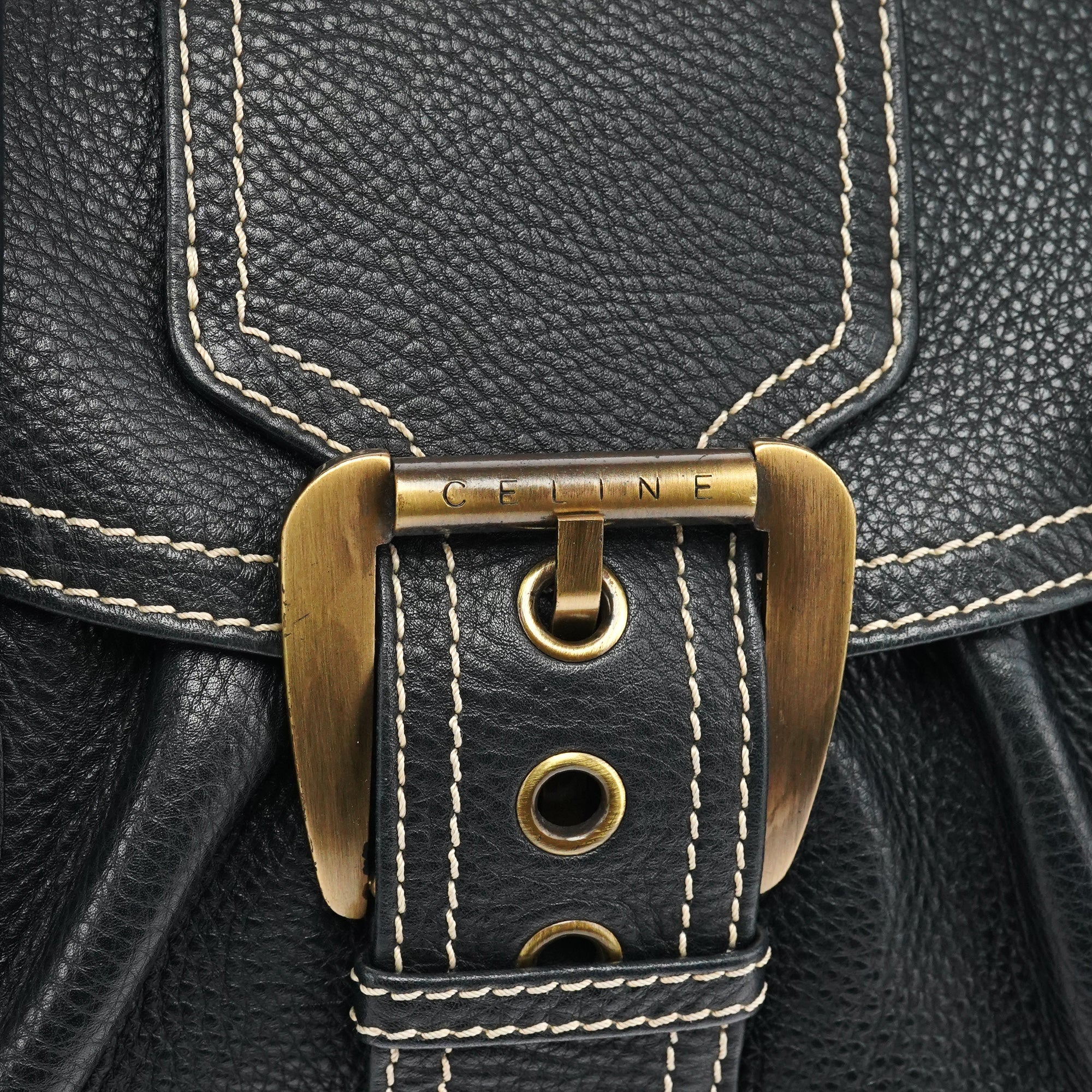 Black Pebbled Leather Belt Tote Bag