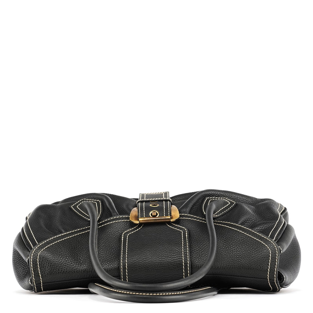 Black Pebbled Leather Belt Tote Bag