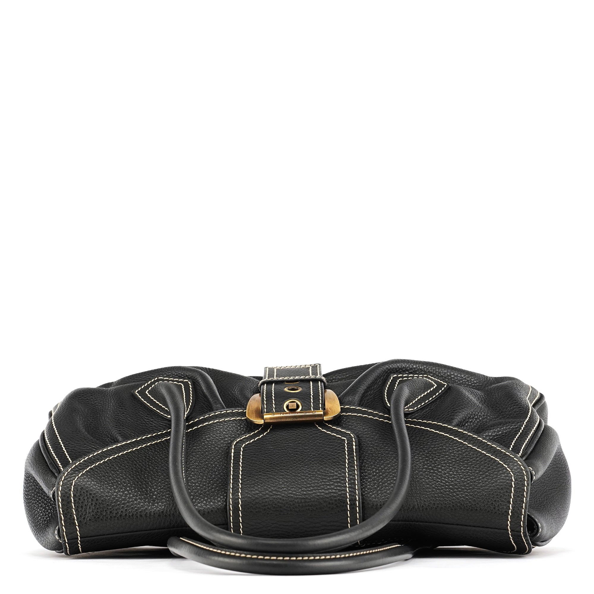 Black Pebbled Leather Belt Tote Bag