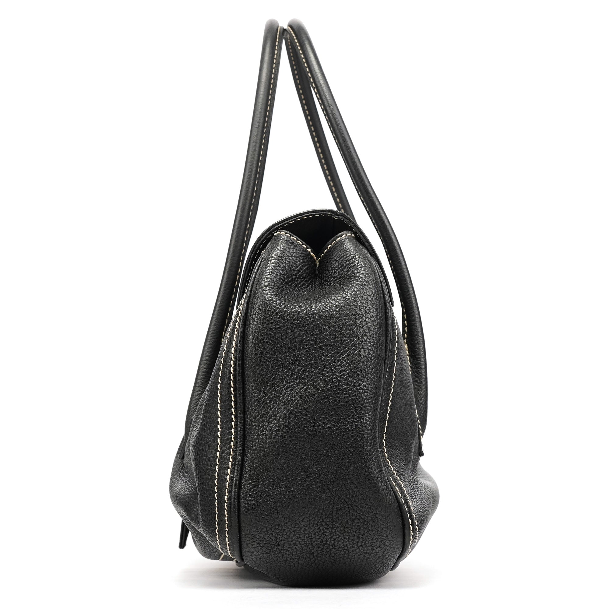 Black Pebbled Leather Belt Tote Bag