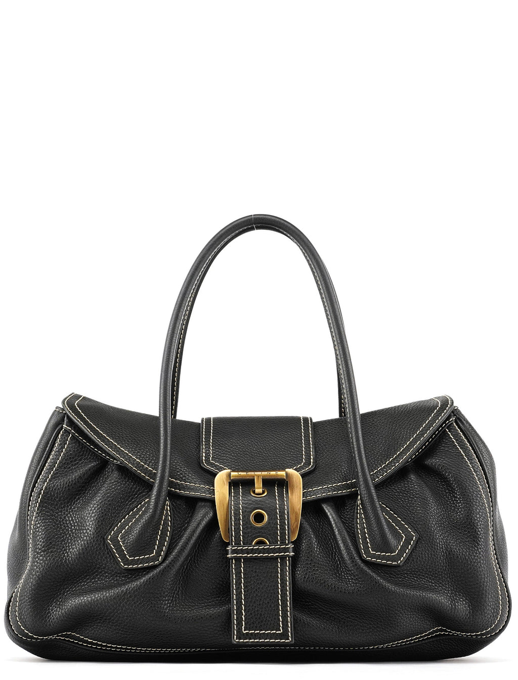 Black Pebbled Leather Belt Tote Bag