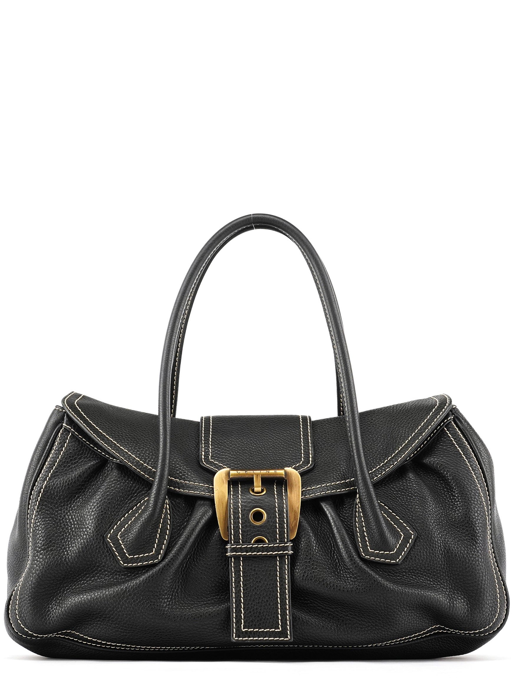 Black Pebbled Leather Belt Tote Bag