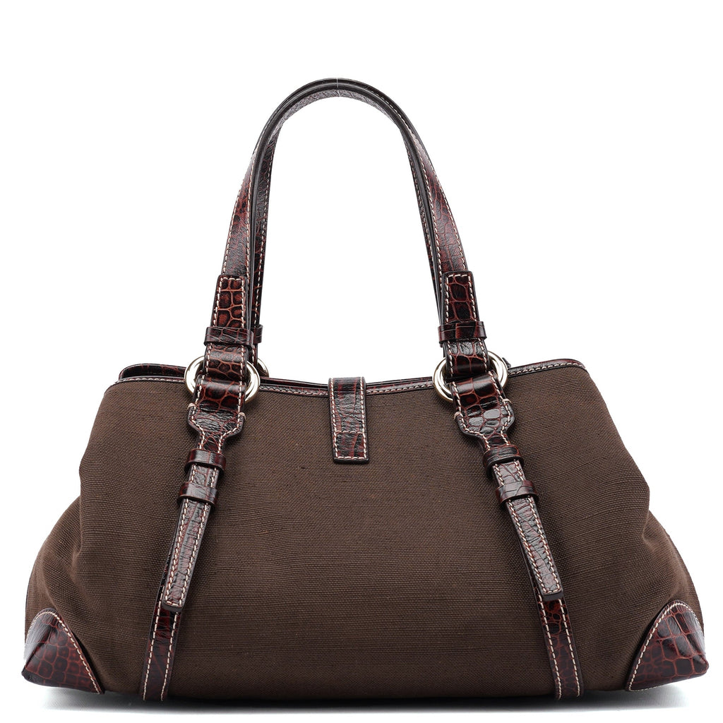 Brown Canvas Croc Embossed Tote Bag