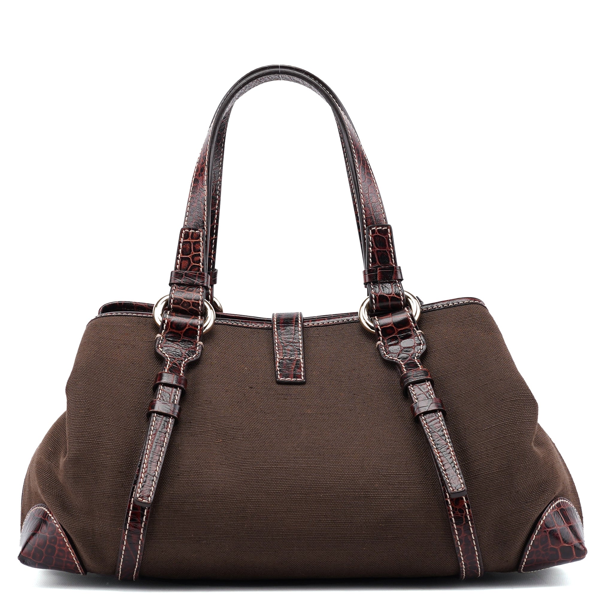 Brown Canvas Croc Embossed Tote Bag
