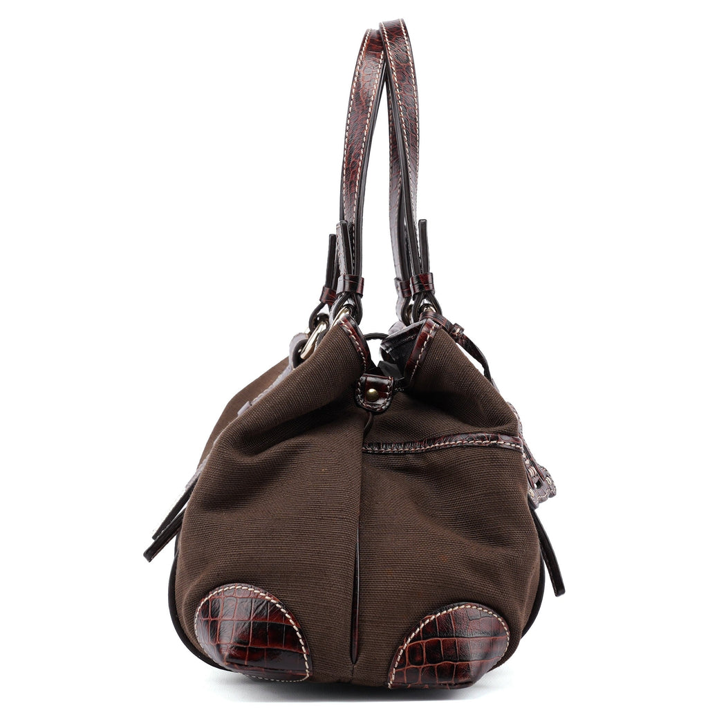 Brown Canvas Croc Embossed Tote Bag