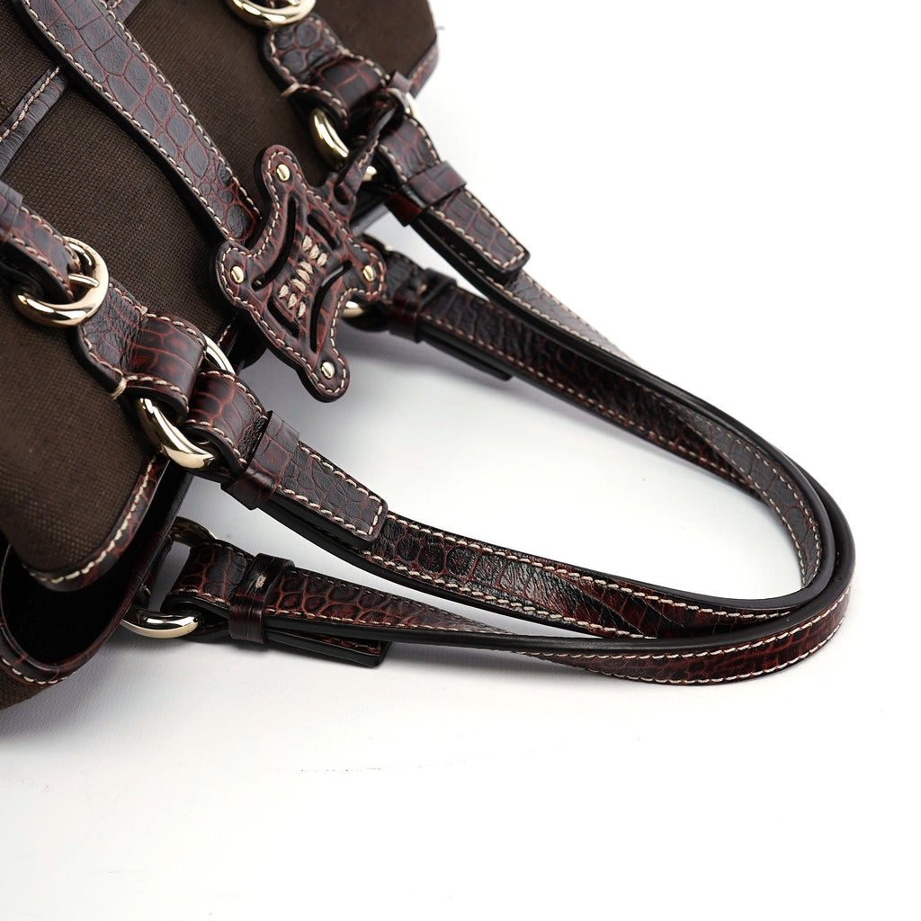 Brown Canvas Croc Embossed Tote Bag