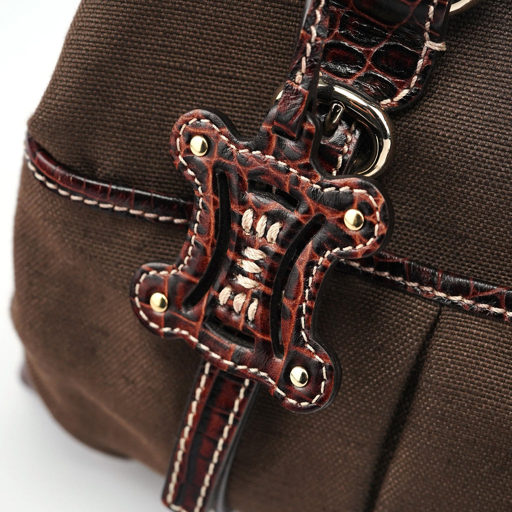 Brown Canvas Croc Embossed Tote Bag