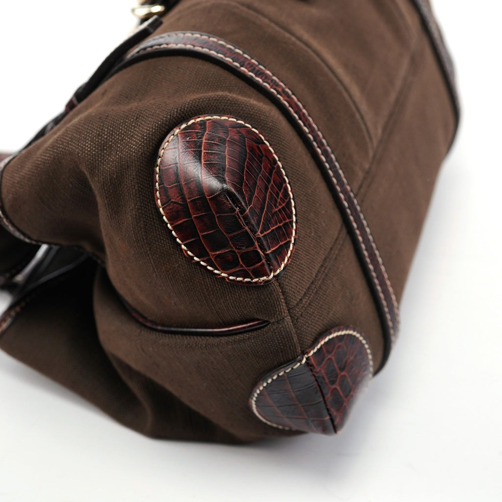 Brown Canvas Croc Embossed Tote Bag