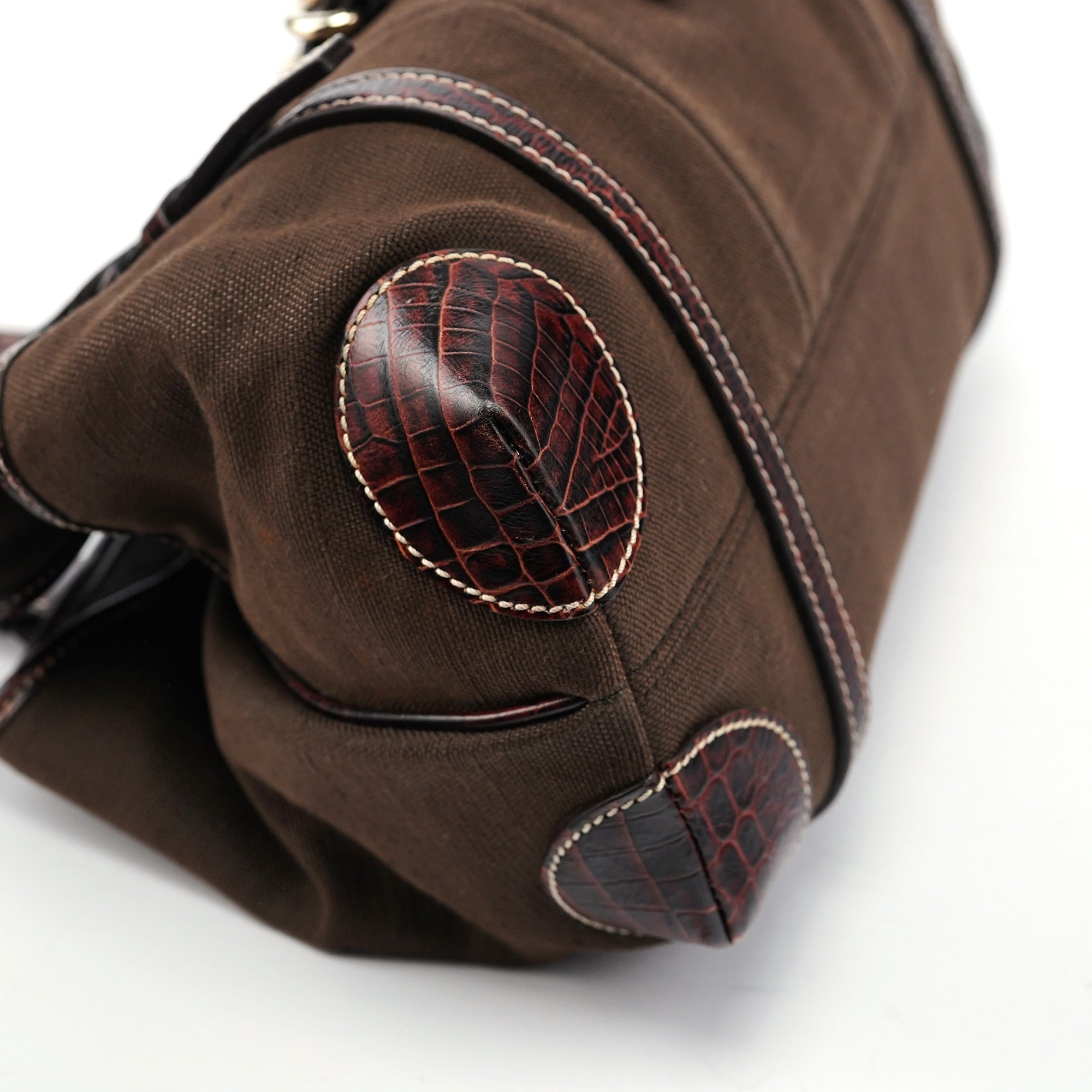 Brown Canvas Croc Embossed Tote Bag