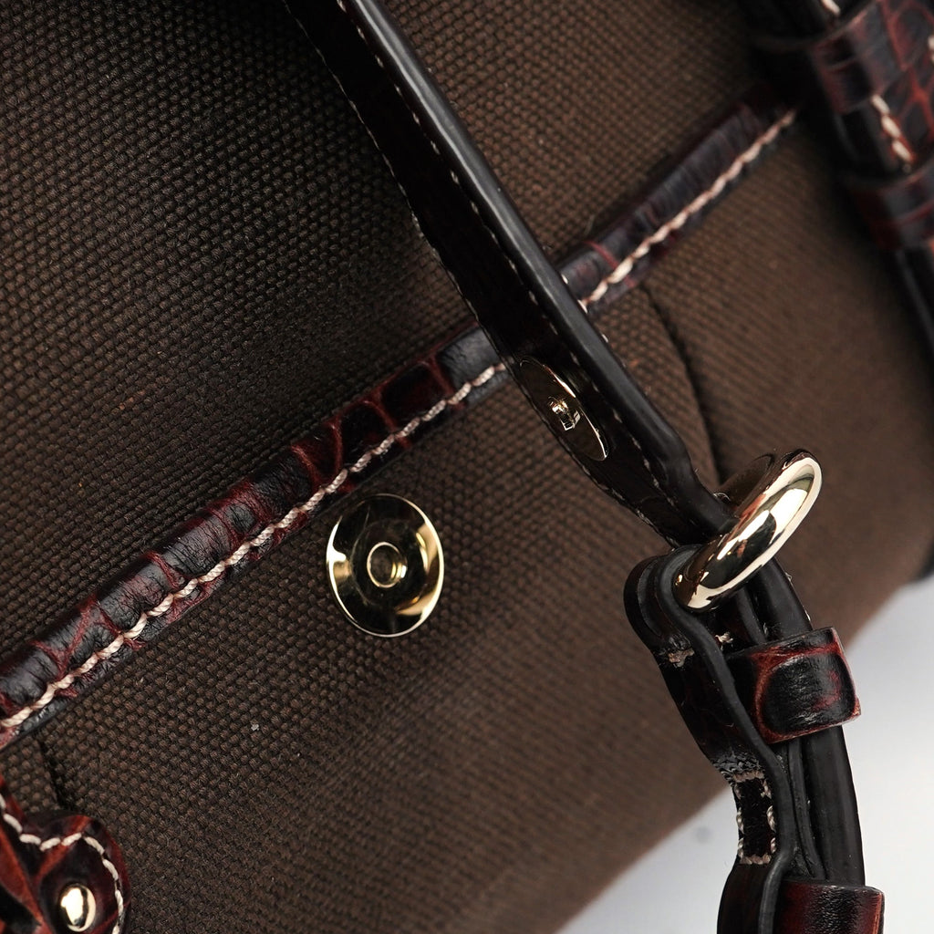 Brown Canvas Croc Embossed Tote Bag