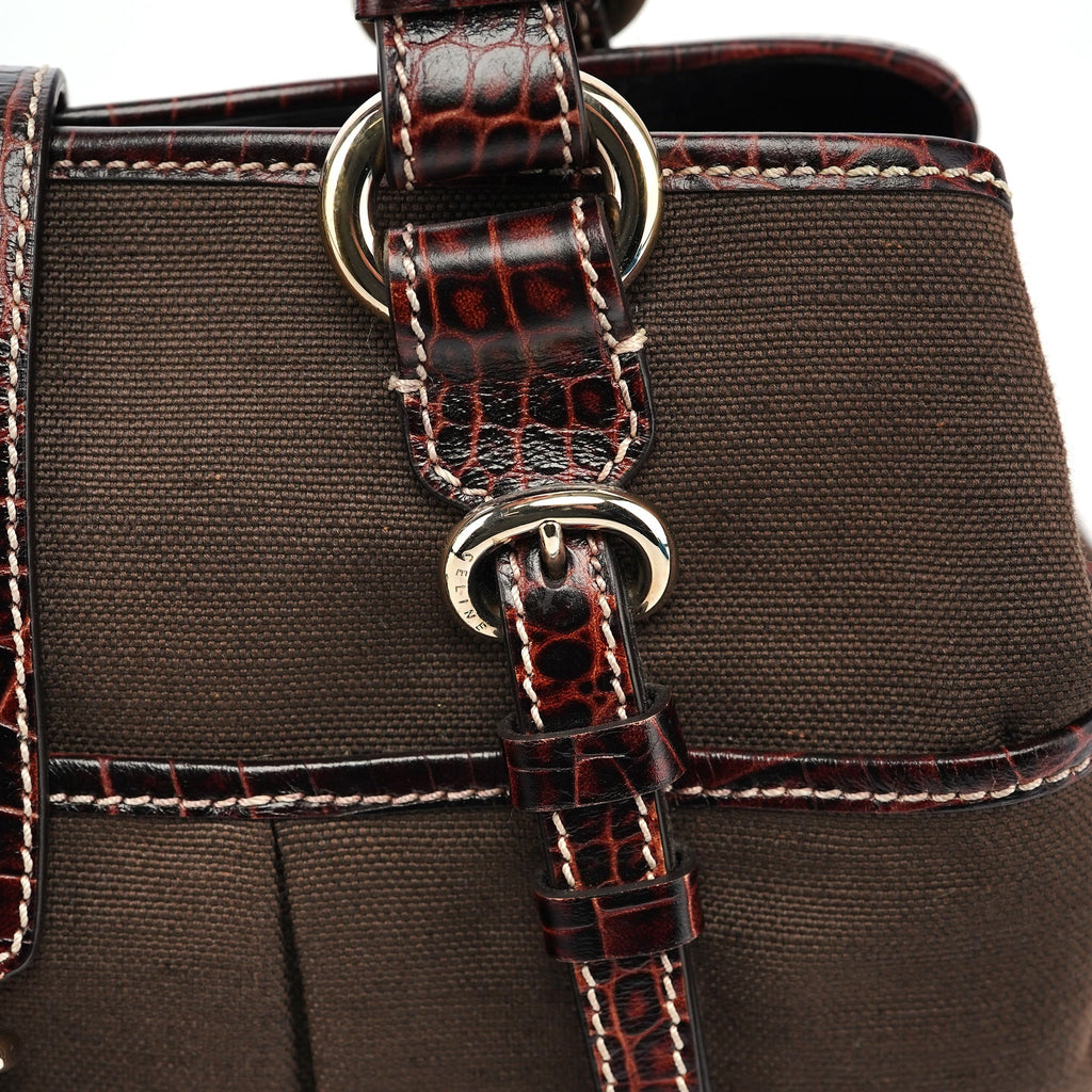 Brown Canvas Croc Embossed Tote Bag