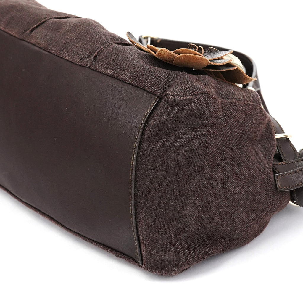 Brown Canvas Leather Floral Tote Bag