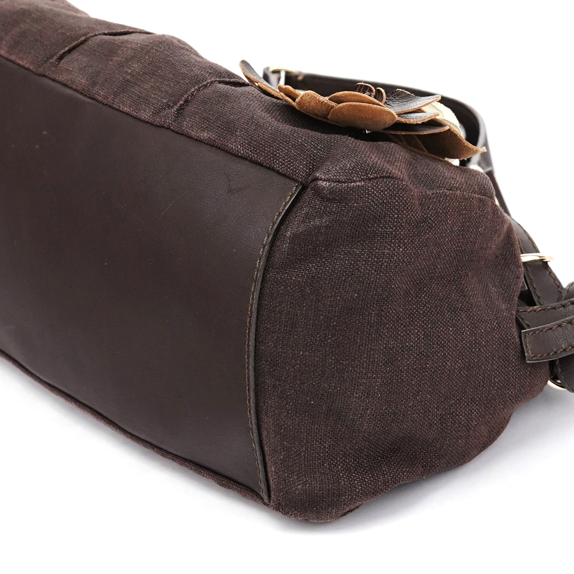 Brown Canvas Leather Floral Tote Bag