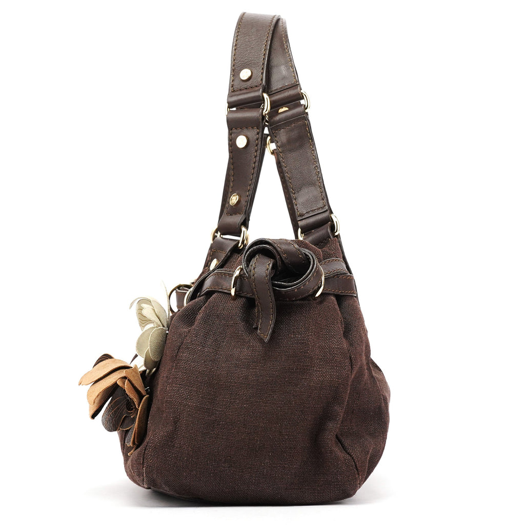 Brown Canvas Leather Floral Tote Bag