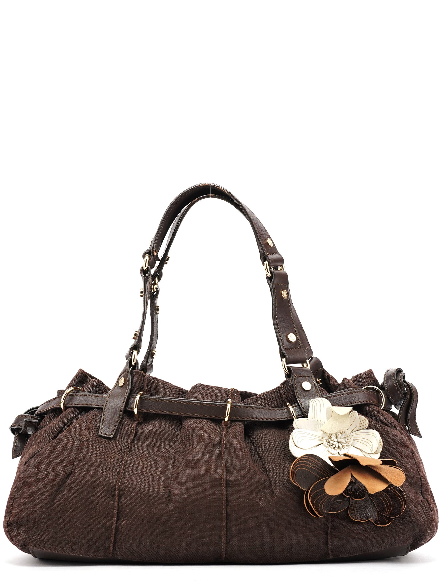 Brown Canvas Leather Floral Tote Bag