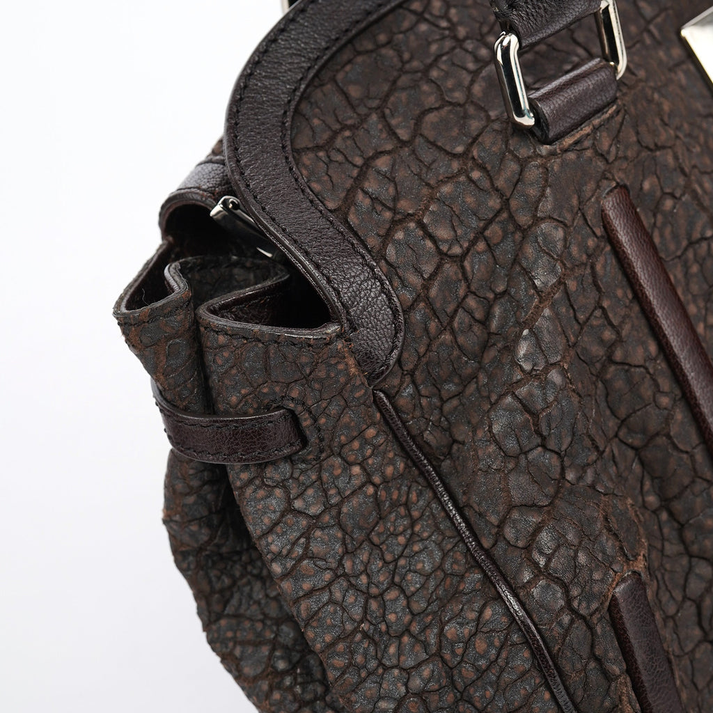 Brown Crackled Leather Turnlock Tote Bag