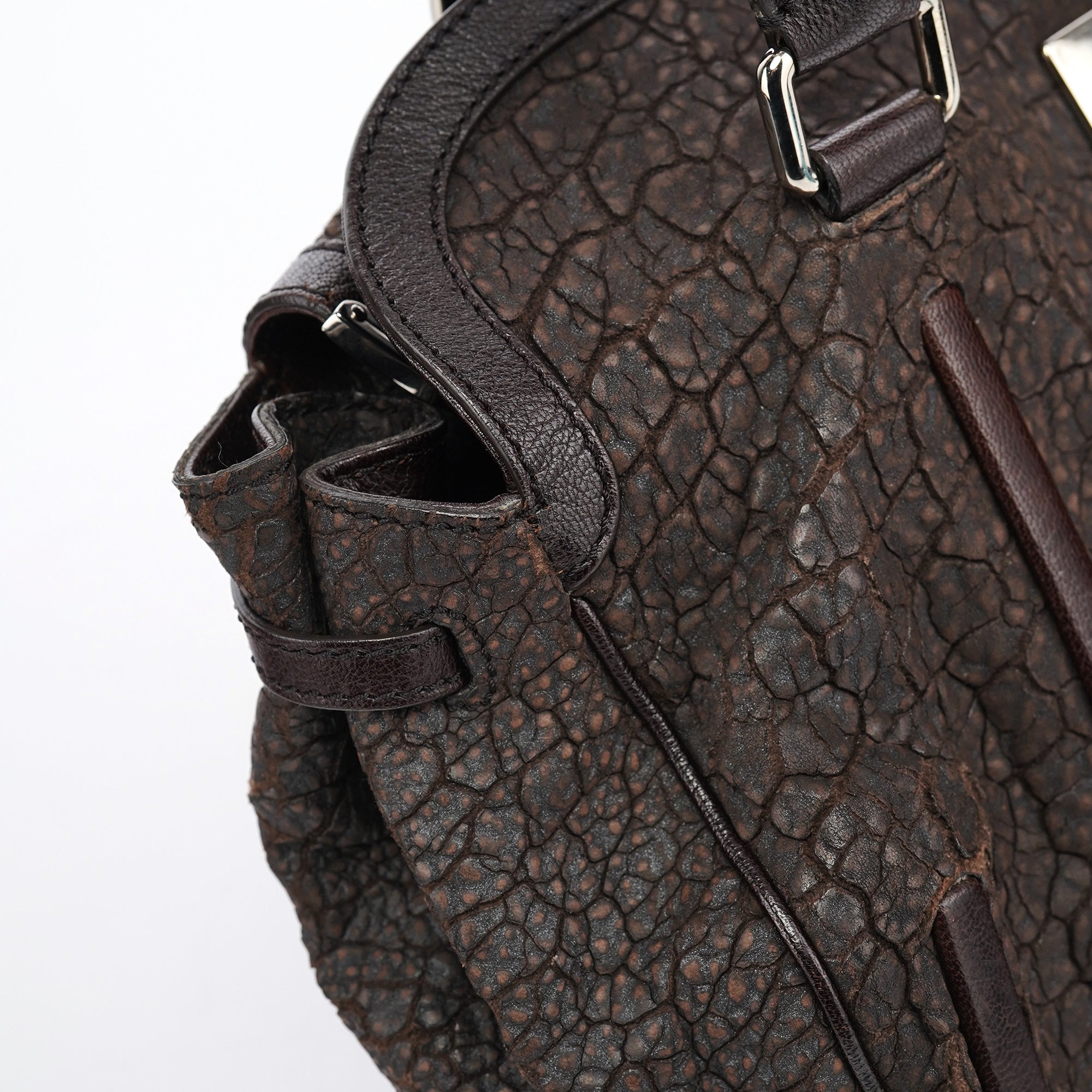 Brown Crackled Leather Turnlock Tote Bag
