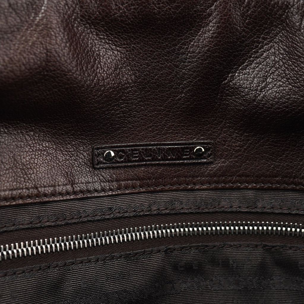 Brown Crackled Leather Turnlock Tote Bag