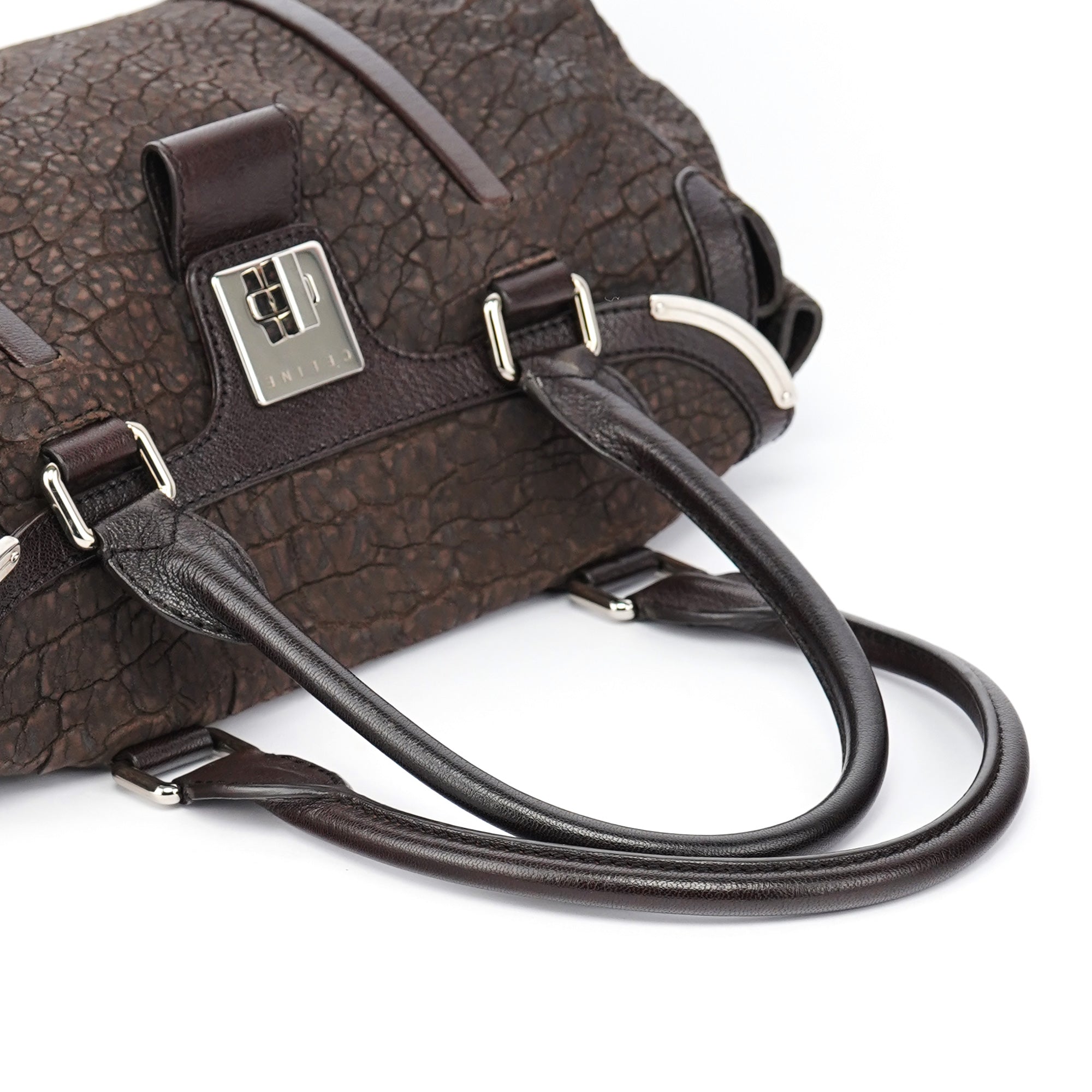 Brown Crackled Leather Turnlock Tote Bag