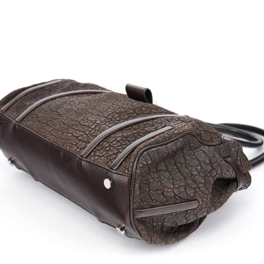 Brown Crackled Leather Turnlock Tote Bag