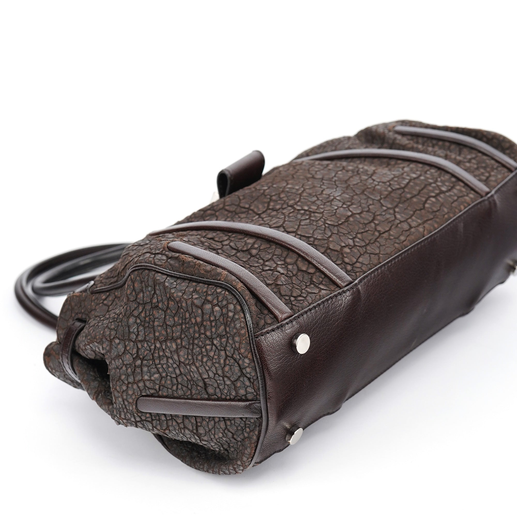 Brown Crackled Leather Turnlock Tote Bag