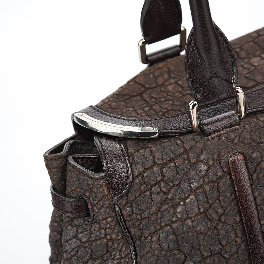 Brown Crackled Leather Turnlock Tote Bag