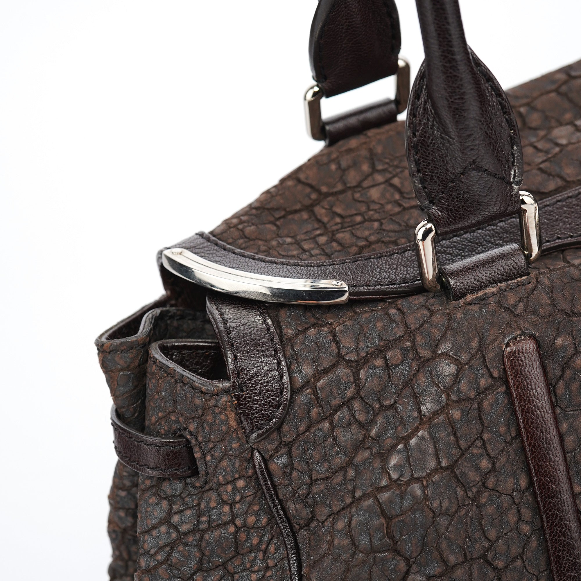 Brown Crackled Leather Turnlock Tote Bag
