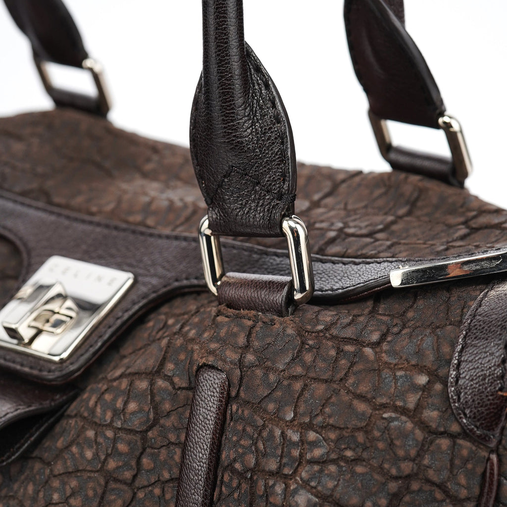 Brown Crackled Leather Turnlock Tote Bag
