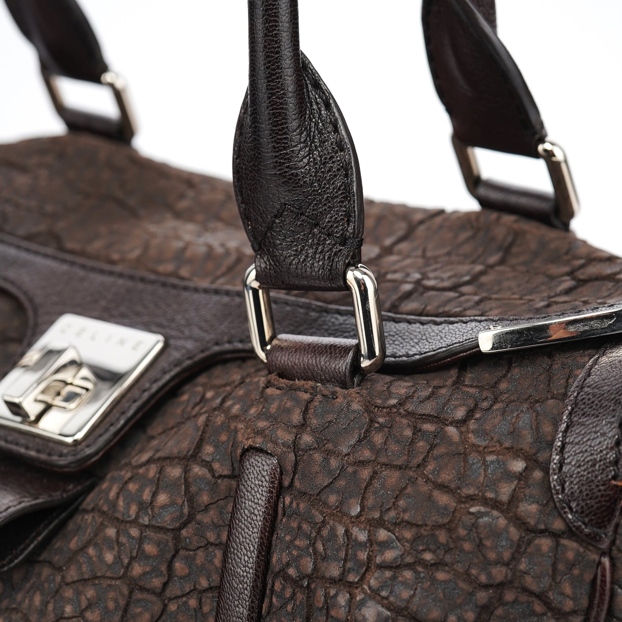 Brown Crackled Leather Turnlock Tote Bag
