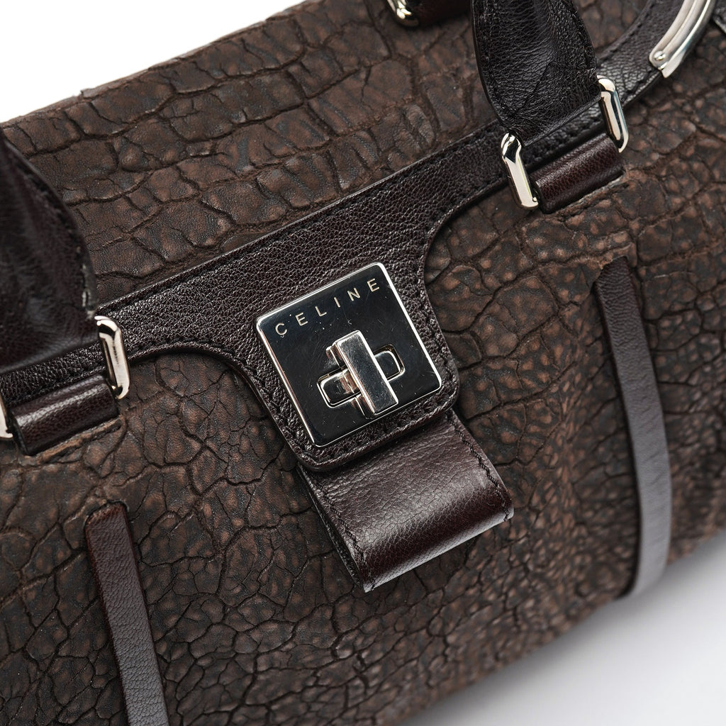Brown Crackled Leather Turnlock Tote Bag
