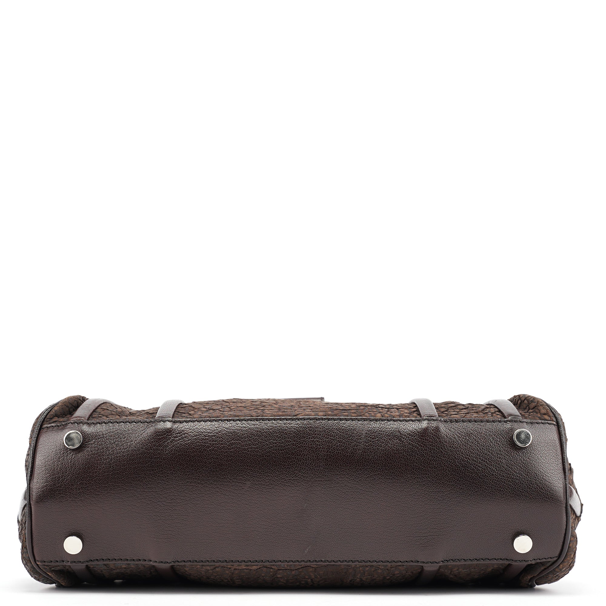 Brown Crackled Leather Turnlock Tote Bag