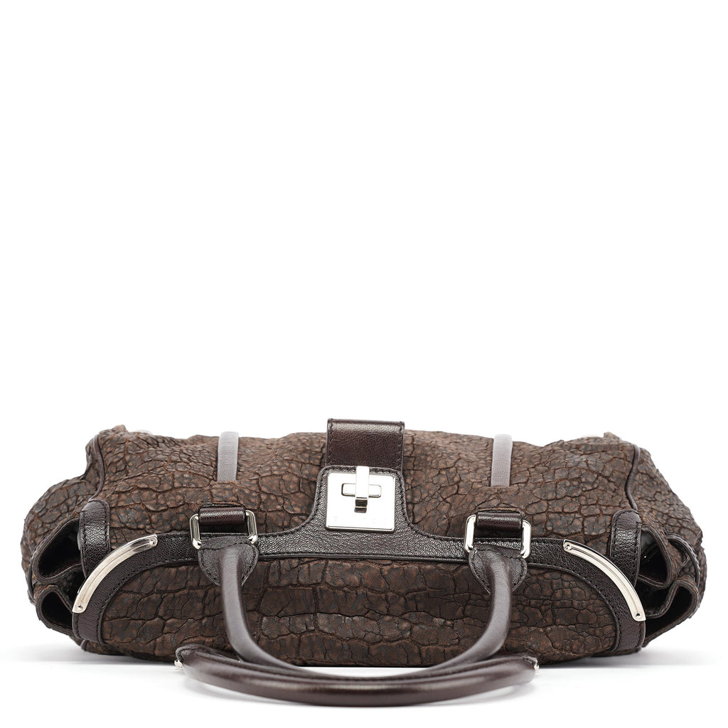 Brown Crackled Leather Turnlock Tote Bag