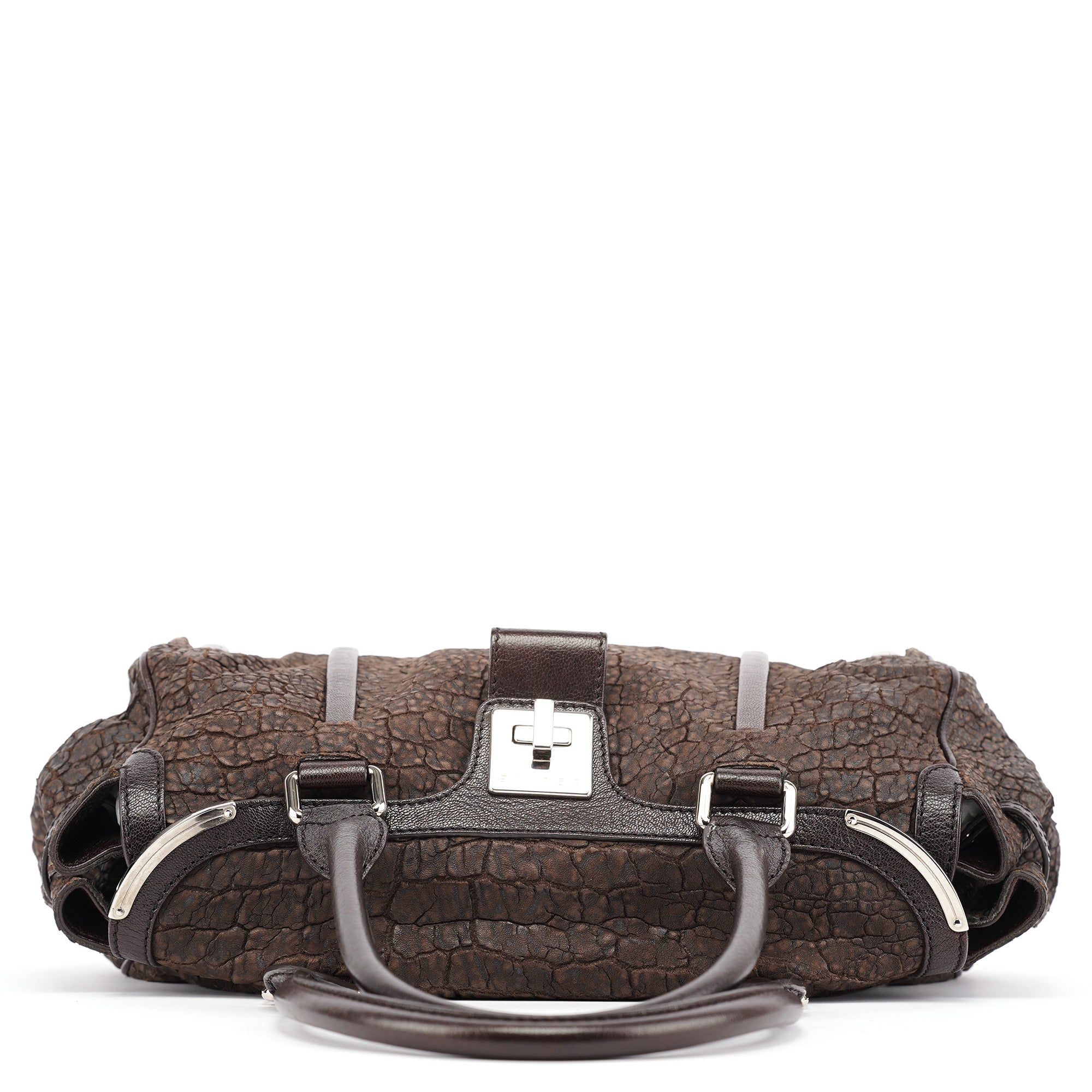 Brown Crackled Leather Turnlock Tote Bag