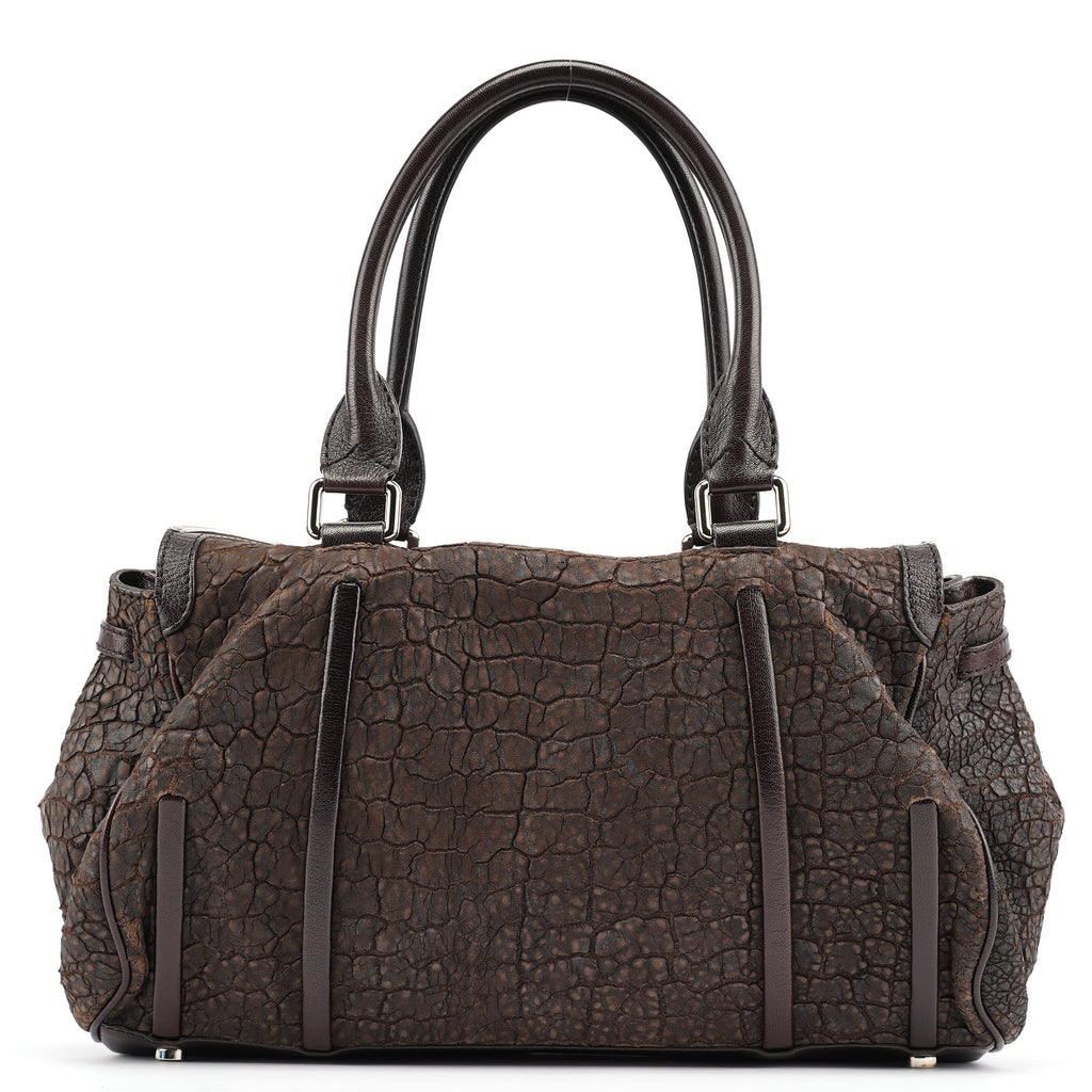 Brown Crackled Leather Turnlock Tote Bag