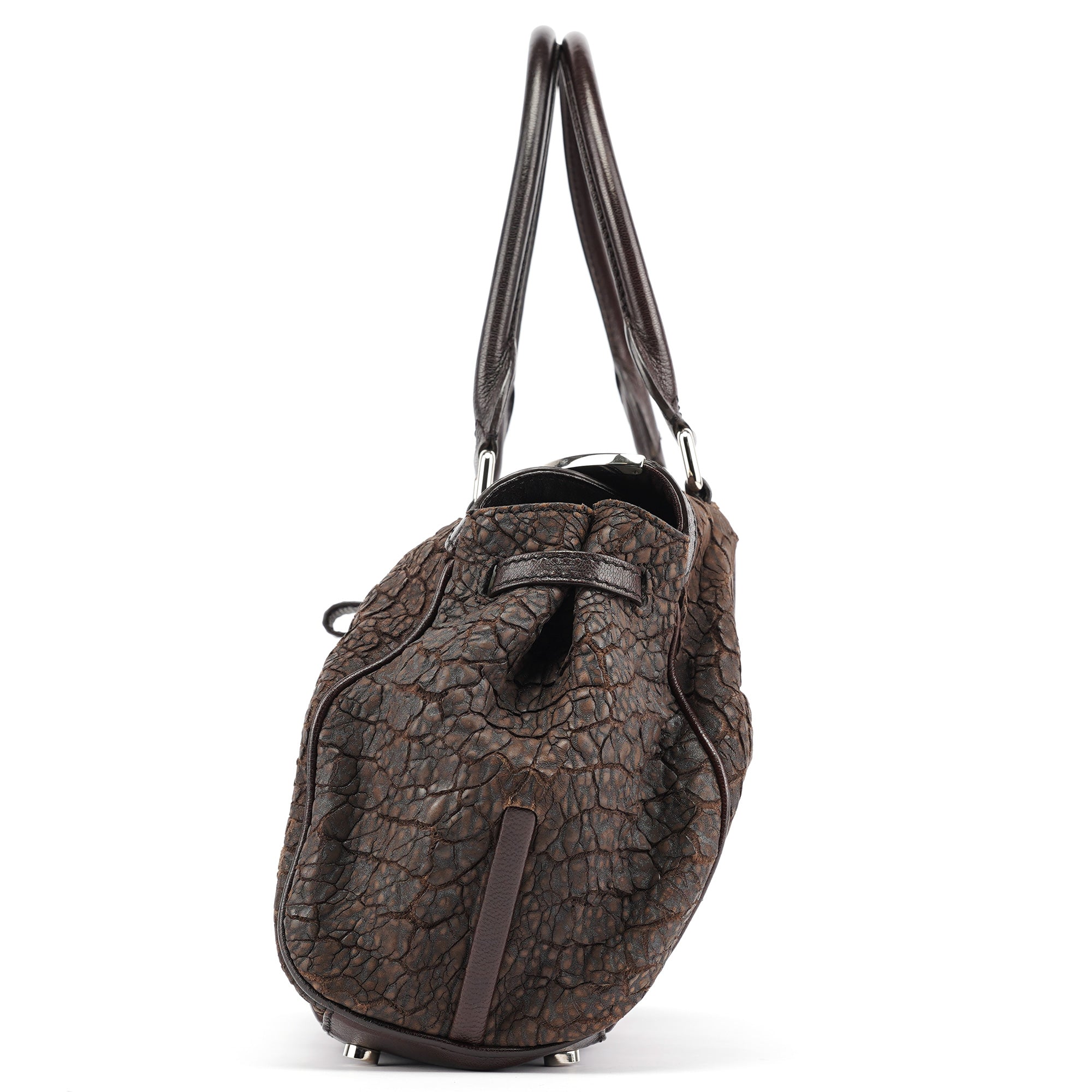 Brown Crackled Leather Turnlock Tote Bag