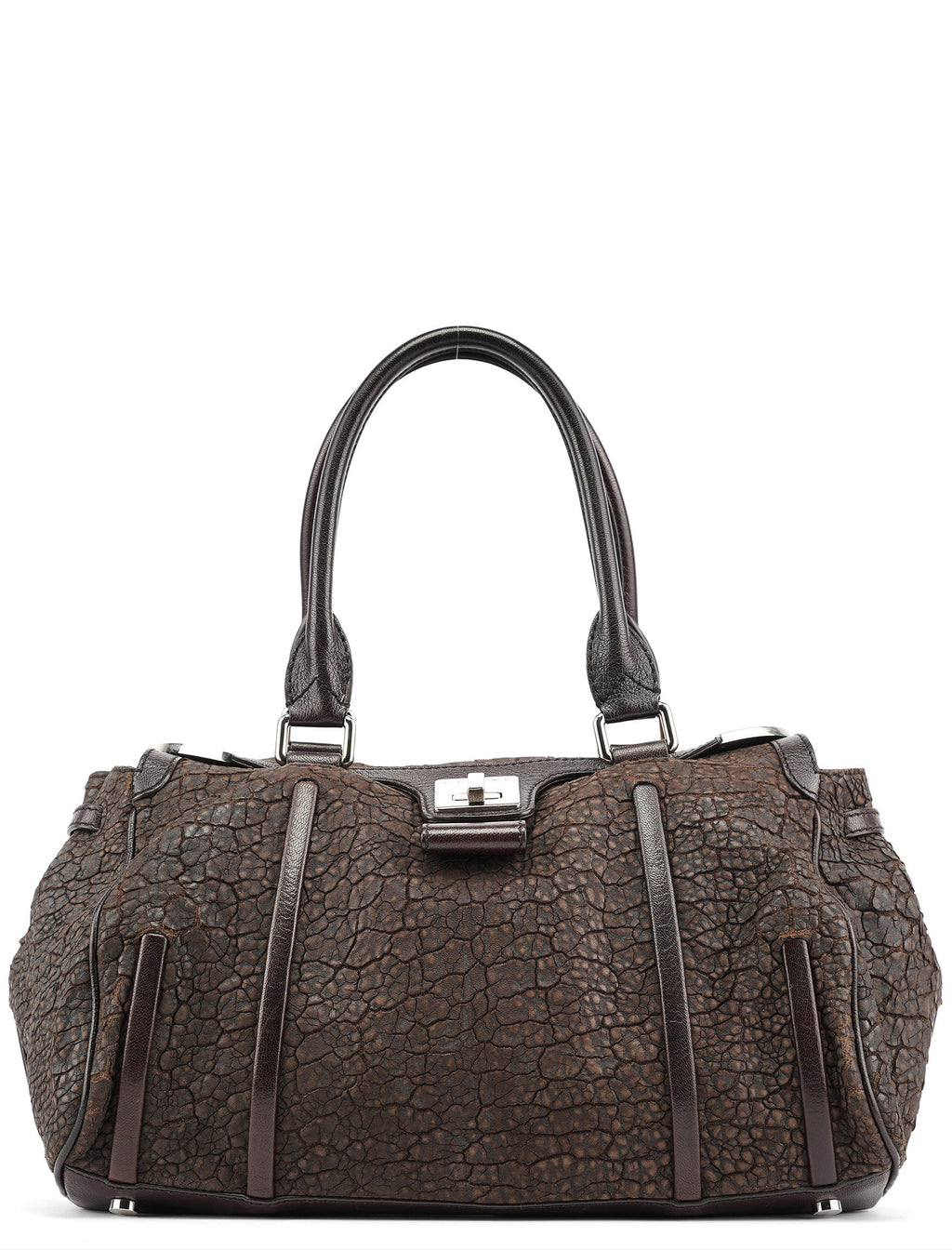 Brown Crackled Leather Turnlock Tote Bag