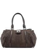 Brown Crackled Leather Turnlock Tote Bag