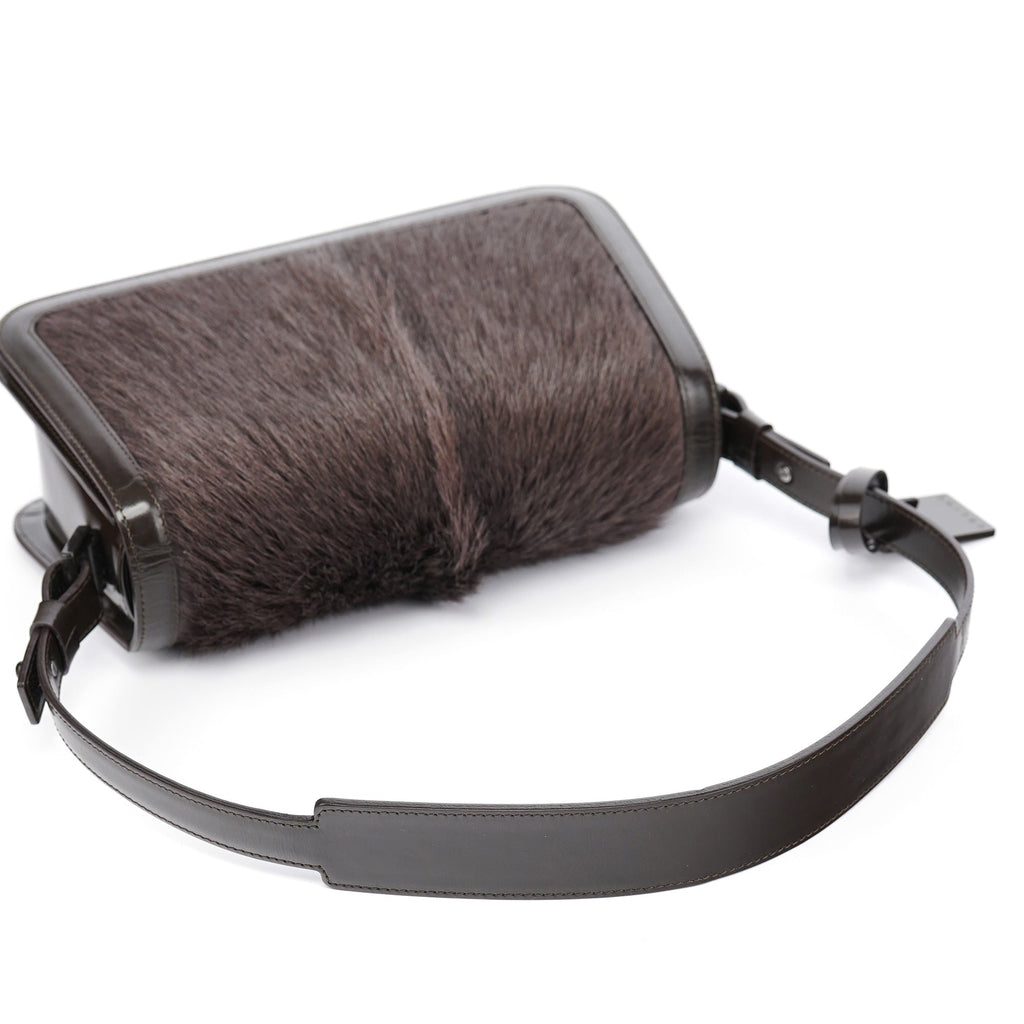 Brown Fur Patent Leather Shoulder Bag