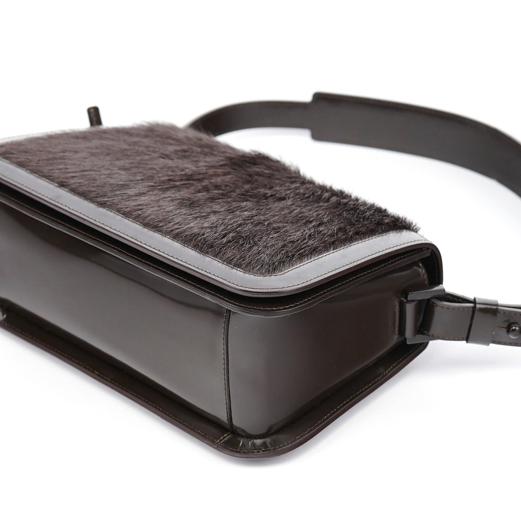 Brown Fur Patent Leather Shoulder Bag