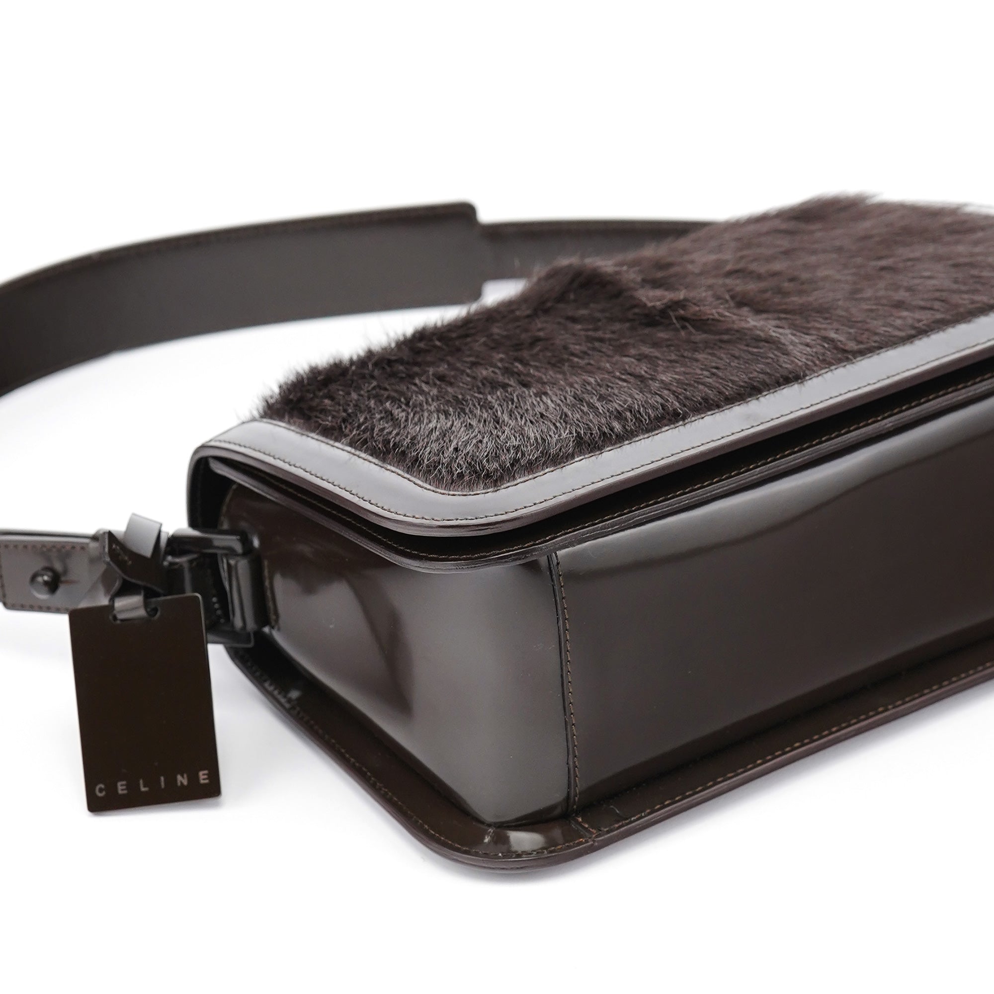 Brown Fur Patent Leather Shoulder Bag